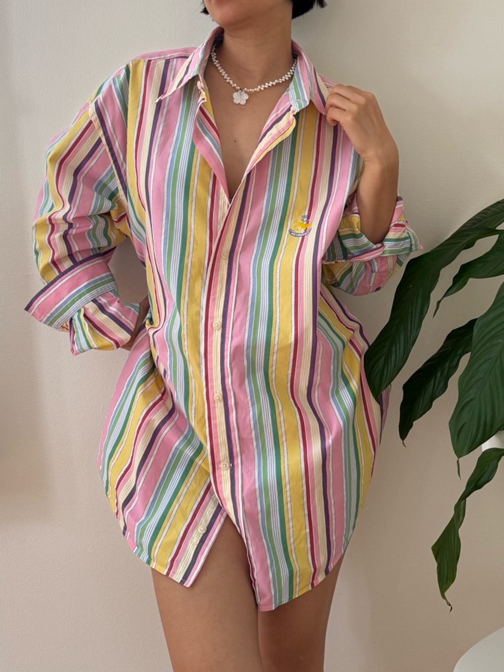 Faconnable 100% Cotton Multi Color Vertical Striped Preppy Retro Shirt Size L